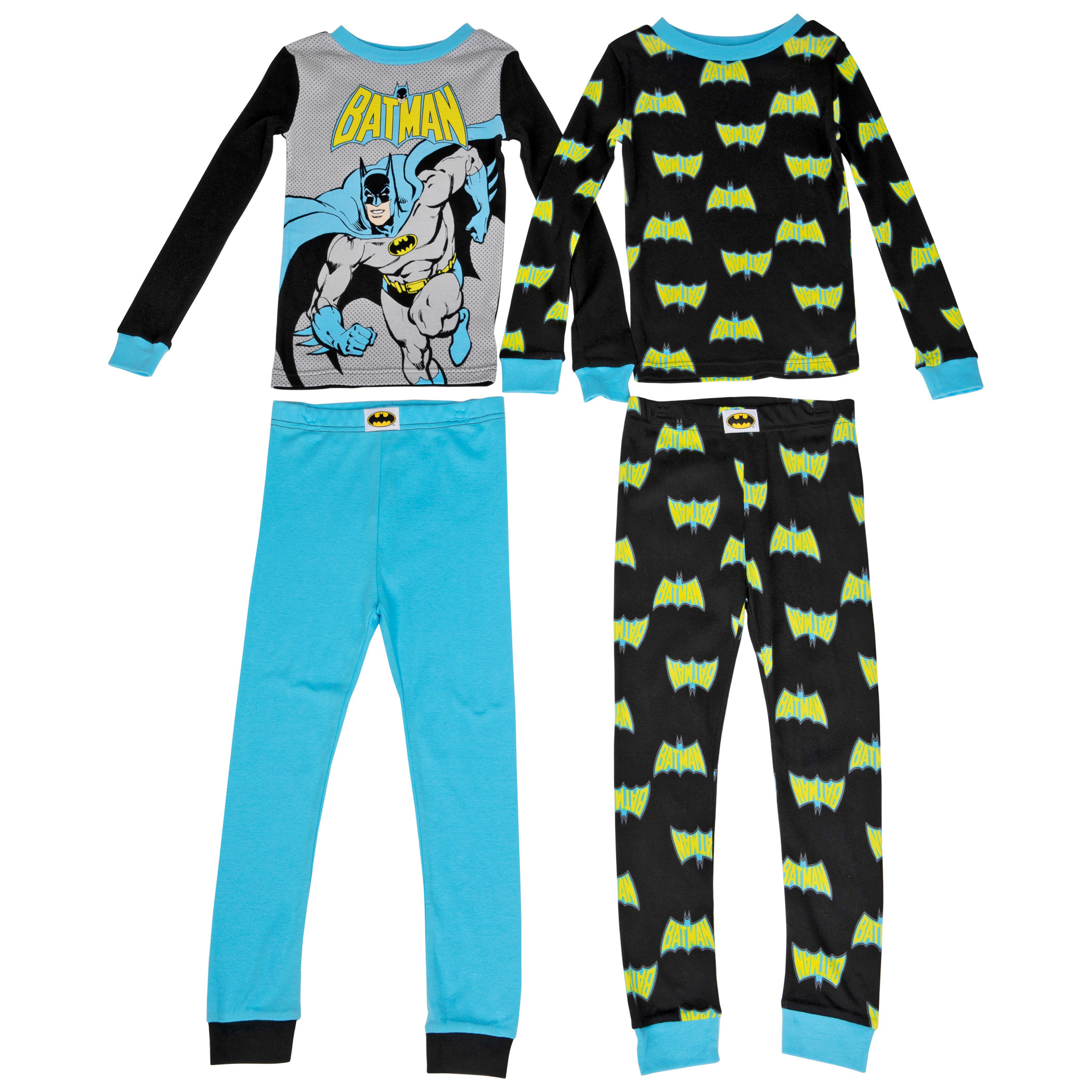 Batman Figure and All Over Symbols Youth 4-Piece Long Sleeve Pajama Set